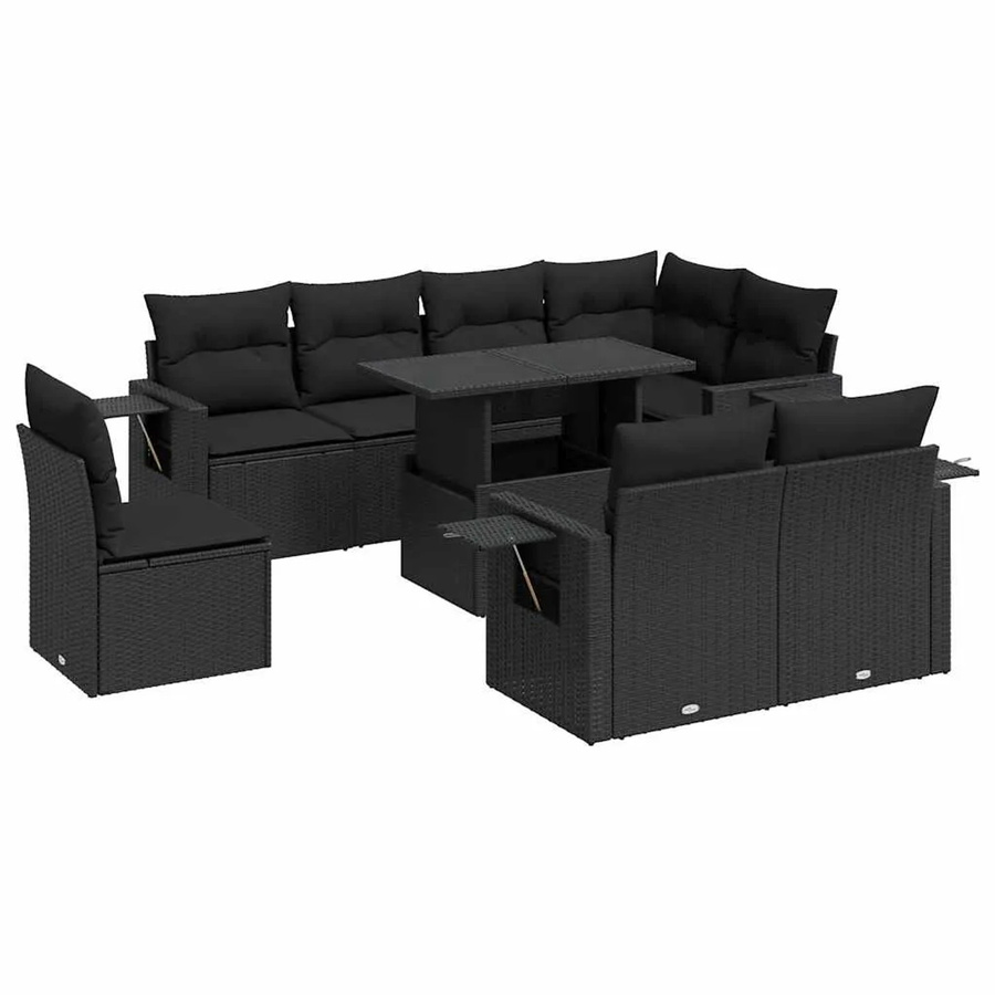 vidaXL 9-tlg. Garten-Sofagarnitur in L-Form aus schwarzem Poly-Rattan mit UV-beständigen Kissen und pulverbeschichtetem Stahlgestell - Bild 2