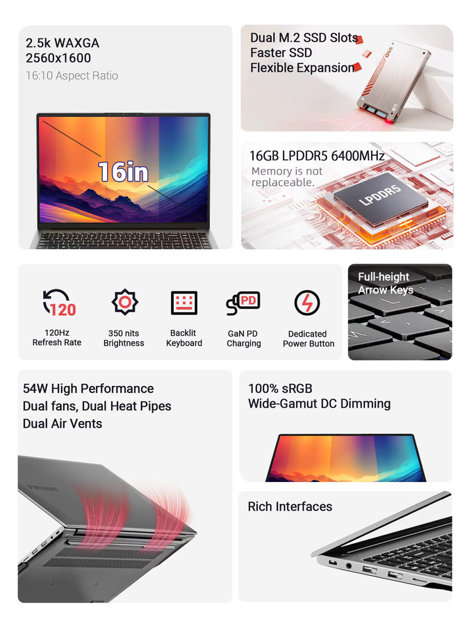 Firebat U6B Laptop mit AMD Ryzen 5 6600H, 16GB DDR5 RAM, 512GB SSD, 16 Zoll 2,5K 120Hz IPS Display, Windows 11, WIFI6 und Type-C - Bild 3