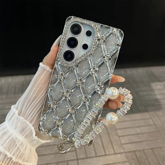 Glitzernde Handyhülle mit Diamantmuster und Perlen-Armband für Samsung Galaxy S26 Ultra S25 S24 Plus S23 A16, Transparent - Bild 1