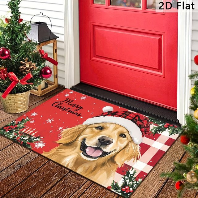 VIKAMA Weihnachts-Bodenmatte mit Golden Retriever-Aufdruck, rutschfest und waschbarer Badezimmerteppich zur Heimdekoration - Bild 1