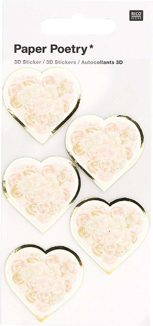 Rico Design Paper Poetry 3D-Sticker Herzen mit Rosen in Weiß, 5 Stück - Bild 1