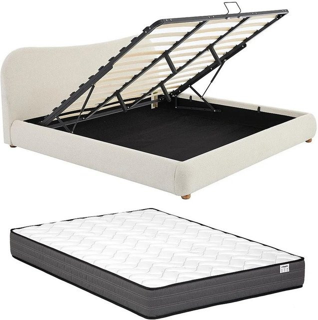 Vente-unique Bett Vanari mit Bettkasten und Polsterung aus Bouclé-Stoff in Weiß, B/T/H: 180 x 200 cm - Bild 1