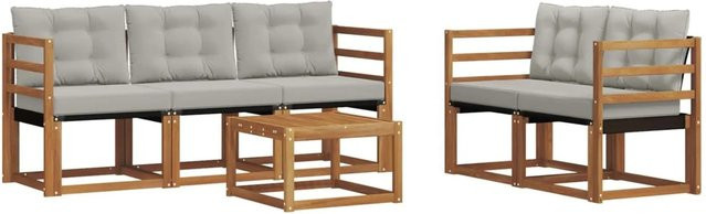 vidaXL Outdoor-Sofagarnitur 6-teilig aus Akazienholz und Textilene in Natur und Grau mit Kissen - Bild 1