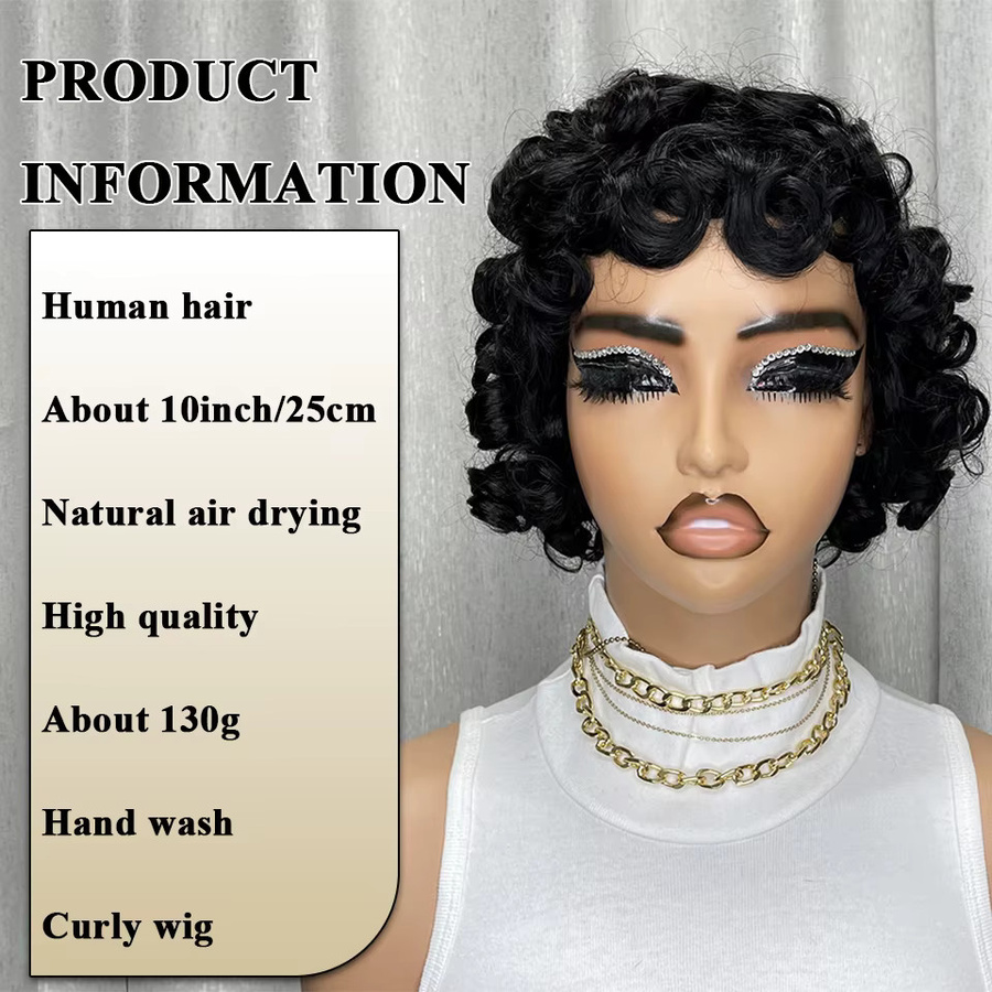 OYM HAIR Echthaar Perücke für Damen, kurz, lockig, Bob-Pixie-Schnitt mit Pony - Bild 4