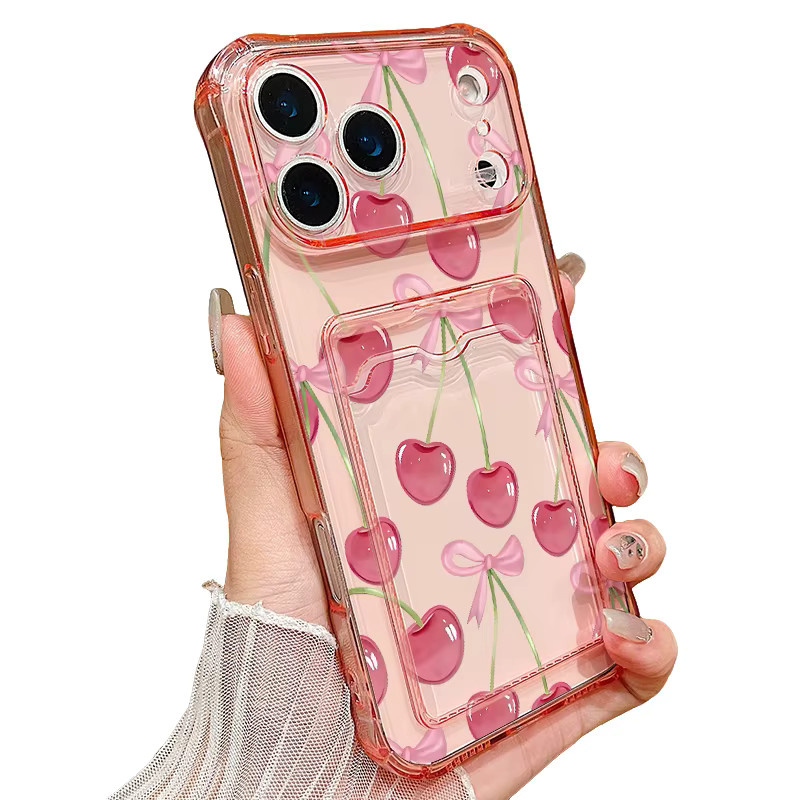 YISHANGOU Handyhülle mit Kirschdruck und Kartenfach in Zitronenrosa und Transparent für iPhone 17e 17 16 Pro Max 15 14 13 Pro Max 16e aus weichem Silikon - Bild 2