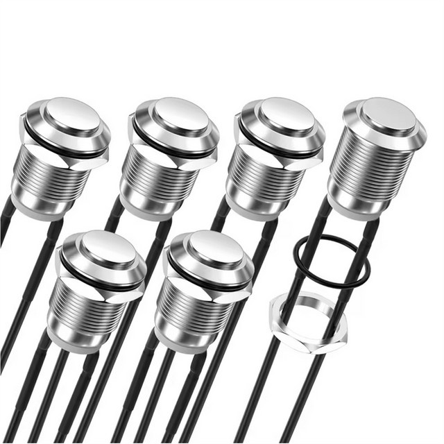 6 Stück Momentaner Drucktastenschalter 12V aus Metall, Wasserdichter Druckknopfschalter Silber, Normalerweise Offen (ON) Aus, 2-polig SPST, 12mm - Bild 1