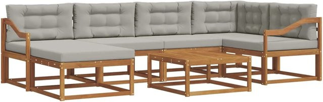 vidaXL Outdoor-Sofagarnitur aus Akazienholz in L-Form mit Kissen, 7-teilig, Natur und Hellgrau - Bild 1