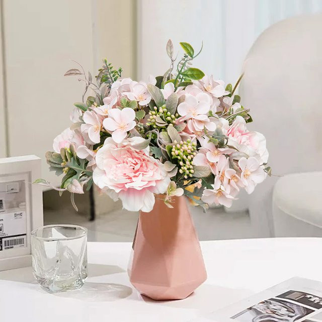 ZQCY Künstliche Blumen aus Seide als Brautstrauß mit Pfingstrosen und Hortensien in Weiß und Pink für Hochzeit und Valentinstag - Bild 1