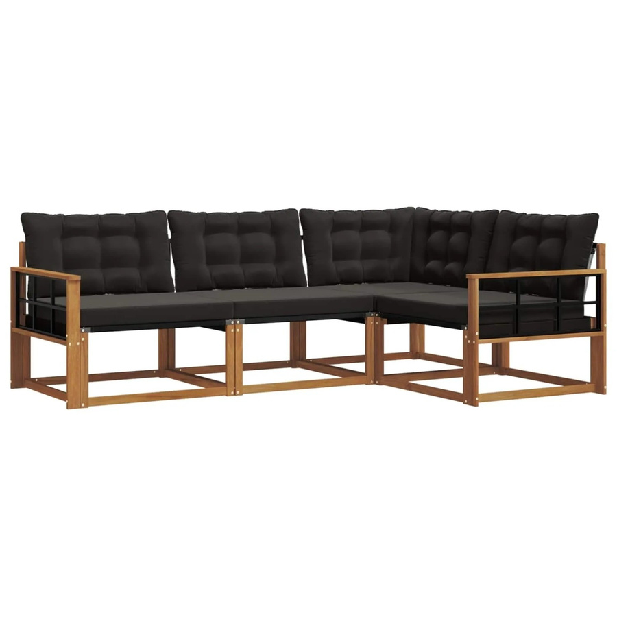 vidaXL Sofa Set L-Shape aus Akazienholz mit Textilene und Kissen, 4-teilig, Natur und Schwarz - Bild 2