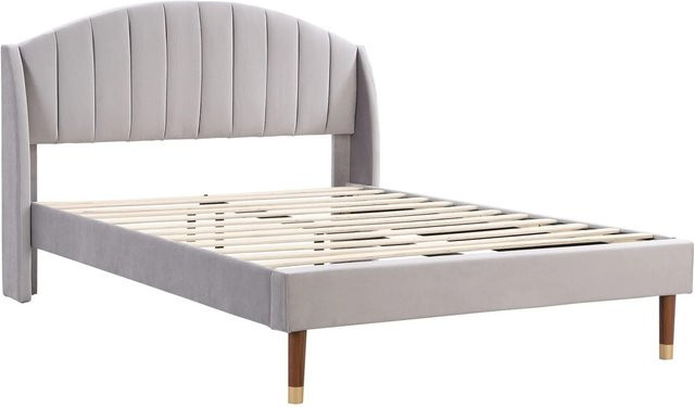 okwish Polsterbett aus Samt mit Kopfteil und Lattenrost in Beige, B/T/H: 140 x 200 x 108 cm - Bild 1