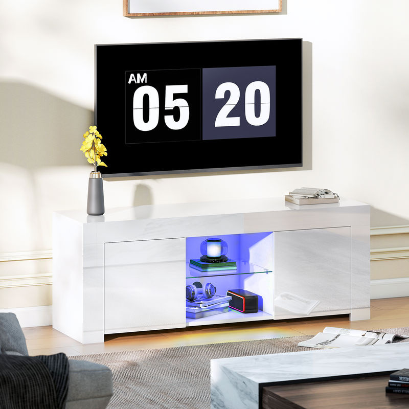 HOMCOM TV Schrank Hochglanz TV Lowboard mit RGB LED Leuchte und Glasregal in Weiß, B/T/H: 120 x 34 x 45 cm - Bild 2