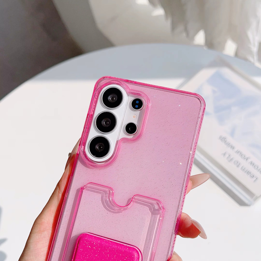 Luxuriöse Kartenhalter-Brieftasche mit Glitzer-Effekt und Standfunktion als transparente Schutzhülle für Samsung Galaxy S26 S25 S24 S23 Plus Ultra in Pink und Purple - Bild 2