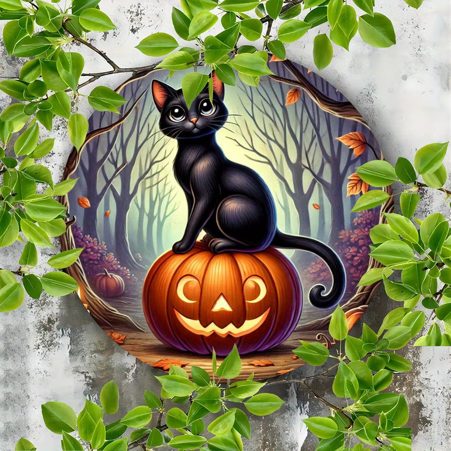 Potdemiel Halloween Metallschild mit Kürbis- und Katzen-Design, runde Blechwanddekoration, Durchmesser: 20,3 cm - Bild 2