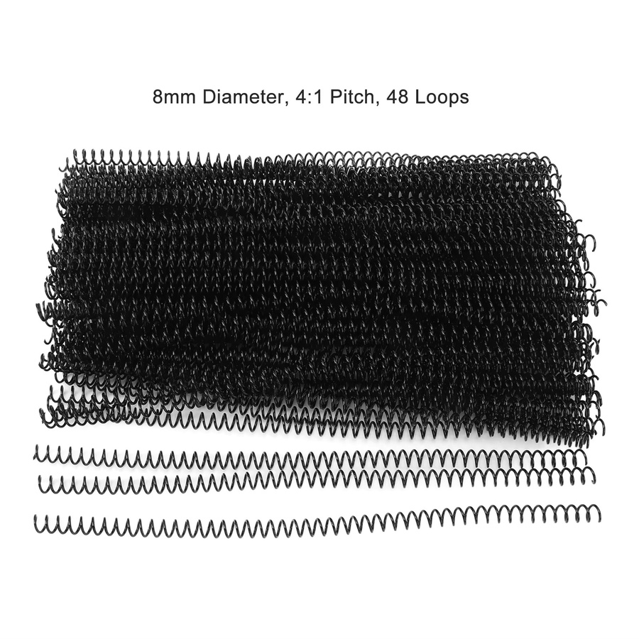 100 Stück Spiralbindespulen aus Kunststoff in Schwarz, 48 Schlaufen, 4:1 Teilung für A4-Papier, Durchmesser: 8 mm, Kapazität: 40 Blatt - Bild 3
