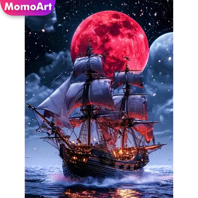 Momoart Diamantmalerei Schiff Landschaft mit Mond als DIY Mosaik Set in Mehrfarbig - Bild 1