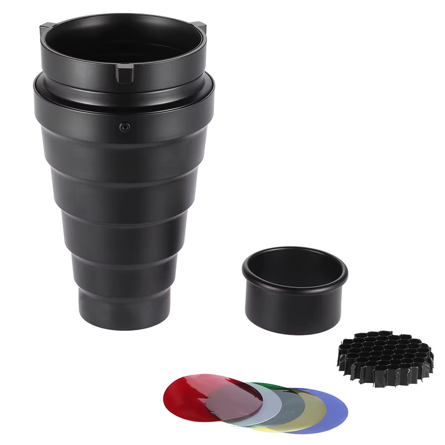 Andoer Konischer Metall-Snoot mit Wabengitter und 5-teiligem Farbfilter-Set für Bowens Mount Studio-Blitze, Schwarz - Bild 6