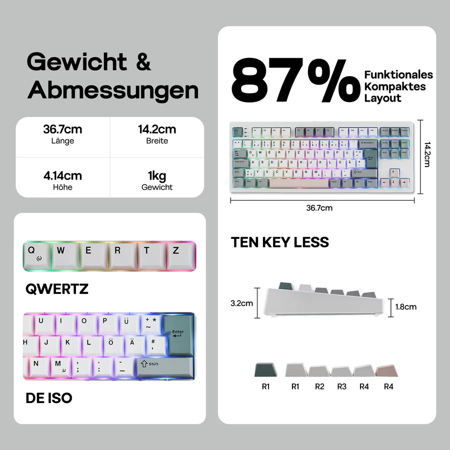 EPOMAKER TH87 Mechanische Tastatur TKL-Layout mit RGB-Beleuchtung, QWERTZ DE, kabellos via Bluetooth oder 2.4 GHz sowie kabelgebunden, Farben: Weiß, Grau, Rosa - Bild 4