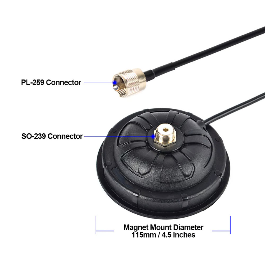 RUNUPTOP Magnetische Antennenbasishalterung mit 5 m RG-58-Kabel und PL-259 Stecker in Schwarz für Cobra Midland Uniden Handfunkgeräte und CB-Radios - Bild 2