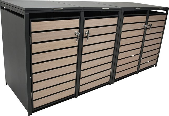 DEGAMO Mülltonnenbox aus verzinktem Stahl in Anthrazit für 4 Tonnen (120 und 240 Liter) mit Türen in Holzoptik, B/T/H: 264 x 80 x 116 cm - Bild 1