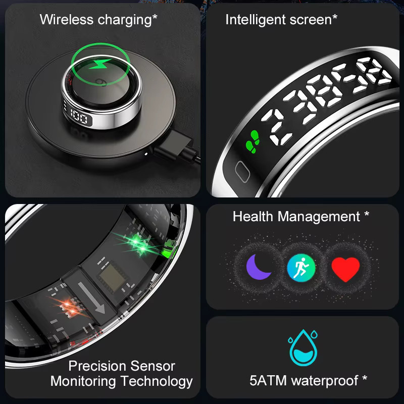 MISIRUN R11 Smart Ring mit Display und Touch-Funktion in Schwarz für Damen und Herren mit Gesundheitsmanager, IP68 & 5 ATM wasserdicht, kompatibel mit Android und iOS - Bild 2