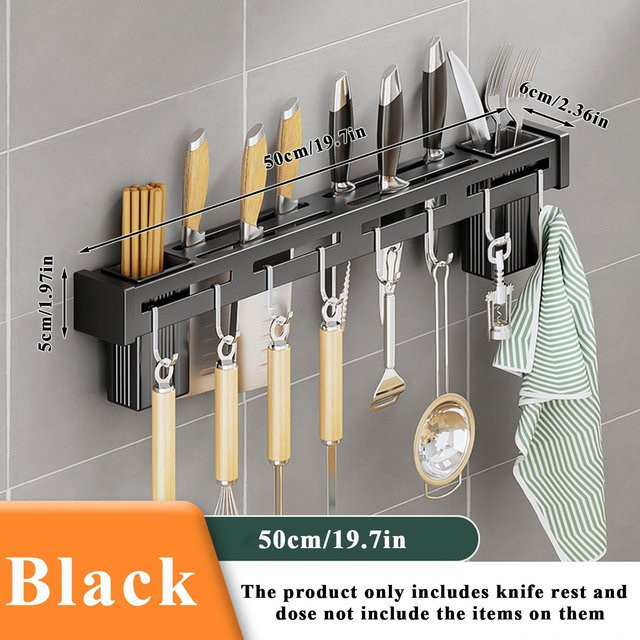 Multifunktionaler Messerhalter aus Edelstahl von Yiran Furniture, wandmontierter Magnetmesserhalter mit Haken zur selbstklebenden Montage, Farben: Schwarz oder Silber - Bild 1
