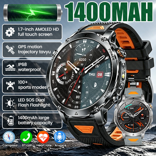 GUHUAVMI Outdoor Militär Smartwatch für Herren in Schwarz mit GPS-Tracking, Bluetooth-Anrufen, SOS-Funktion, Taschenlampe und IP68 Wasserdichtigkeit sowie 1400mAh Akku - Bild 1