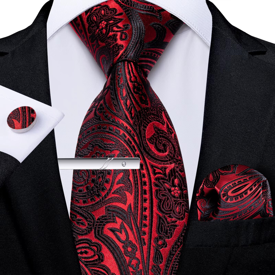 DiBanGu Herren-Krawatten-Set, Krawatte, Taschentuch, Manschettenknöpfe, rot, blau, Blumenmuster - Bild 2