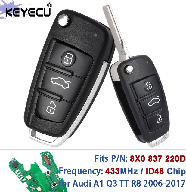 KEYECU Ersatz Flip Remote Key Fob mit ID48 Chip und 3 Tasten für Audi A1 Q3 TT R8 2006-2017, 433 MHz, Schwarz - Bild 1