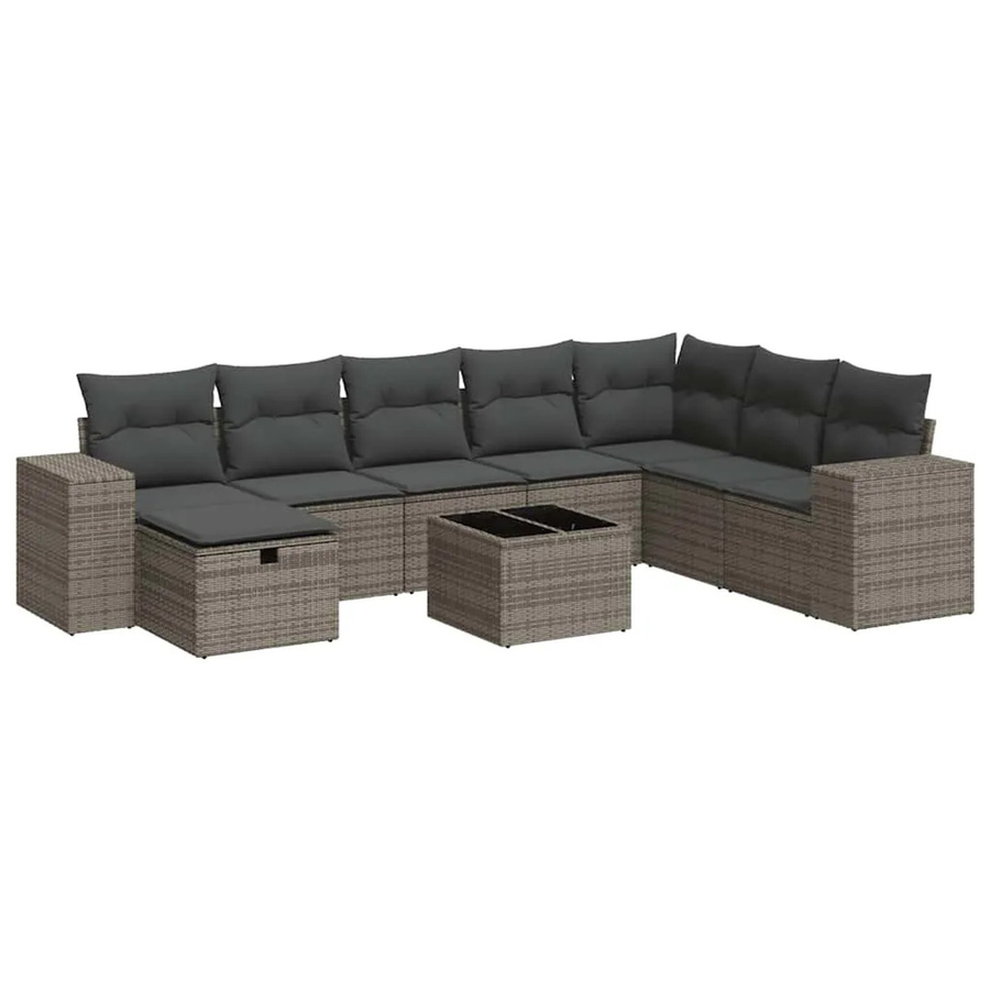 vidaXL 9-teilige Garten-Sofagarnitur in L-Form aus Poly Rattan und Metall mit Kissen in Grau - Bild 2