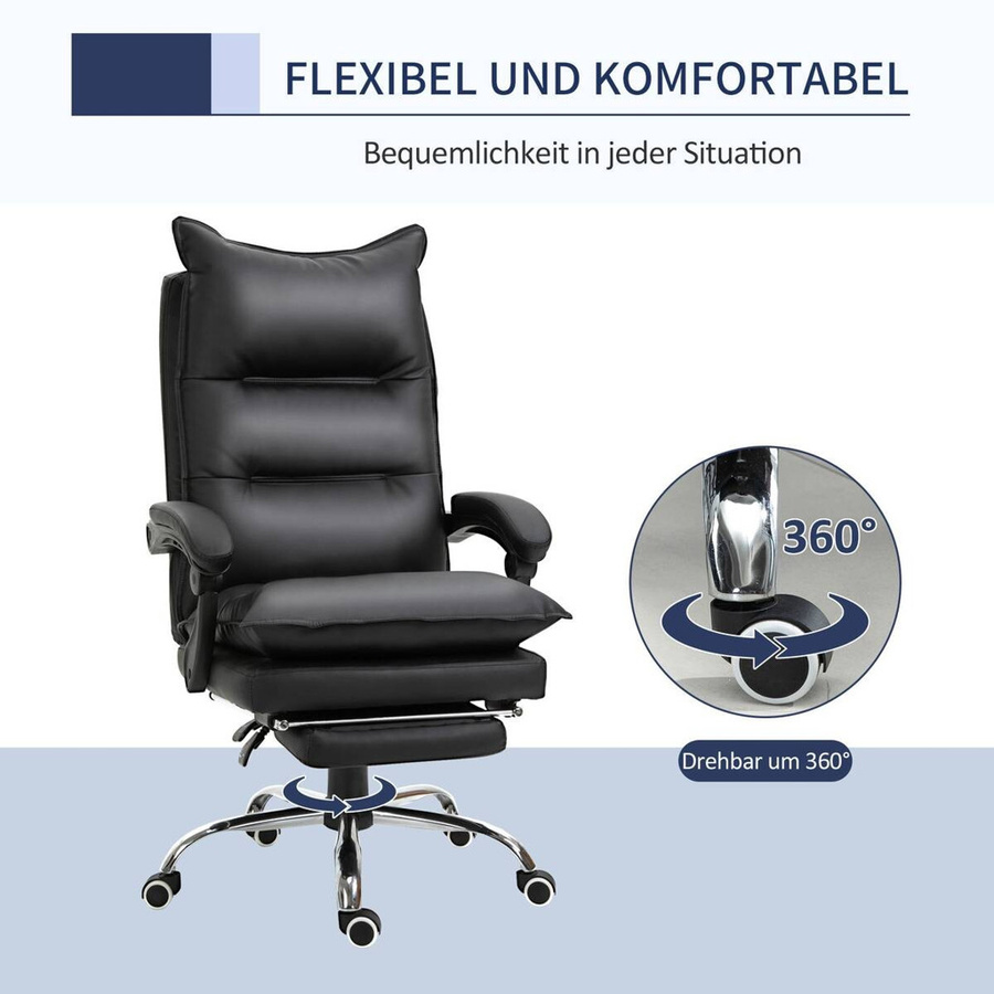 Vinsetto Bürostuhl mit Fußstütze in Schwarz aus Kunstleder, höhenverstellbar mit Armlehnen und Rollen, B/T/H: 66 x 72 x 122-130 cm - Bild 3