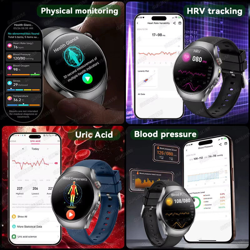 GUHUAVMI Smartwatch in Schwarz mit EKG, Blutfett- und Harnsäureanalyse sowie Sprachanruf-Funktion - Bild 3