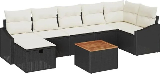vidaXL Garten-Sofa-Set aus Polyrattan in Schwarz und Beige, 8-teiliges L-Shape Lounge-Set mit Kissen, Ottoman und Couchtisch für Terrasse und Garten - Bild 1