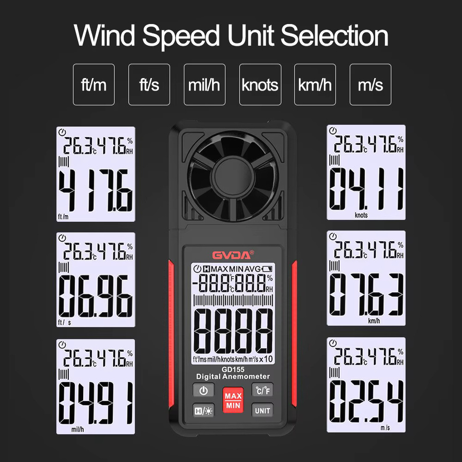 Gvda Digitales Anemometer GD155 in Schwarz zur Messung von Windgeschwindigkeit, Temperatur und Windchill mit LCD-Hintergrundbeleuchtung - Bild 4