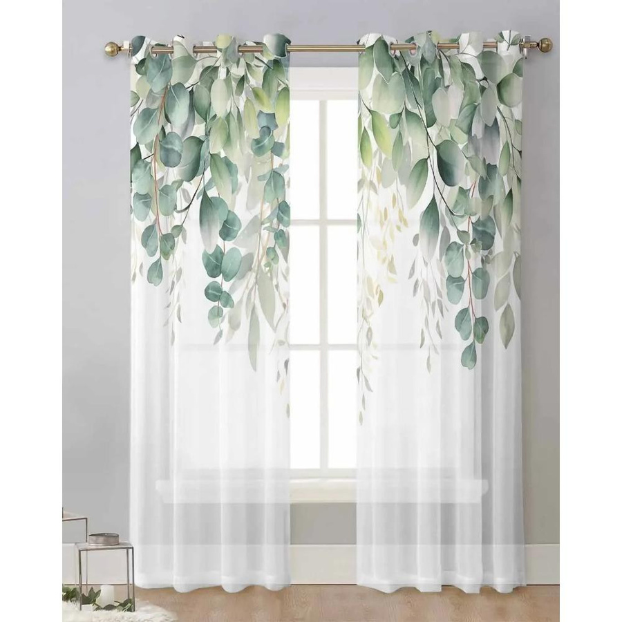 Yiran Furniture Transparenter Voile-Vorhang mit Eukalyptusblättern und floralem Frühlingsaquarell-Design, Breite: 135 cm, Höhe: 115 cm - Bild 1