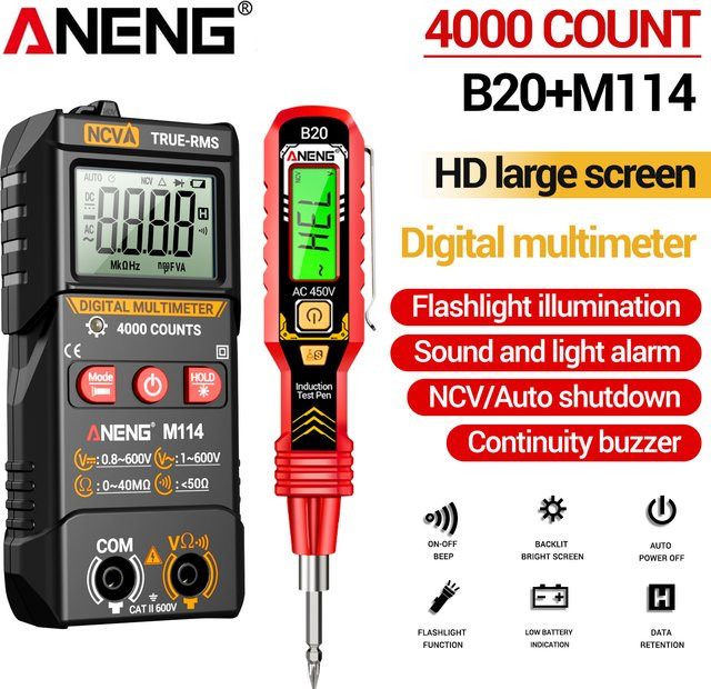 ANENG M114 True RMS Digital-Multimeter mit NCV-Tester und Spannungsprüfer in Schwarz - Bild 1