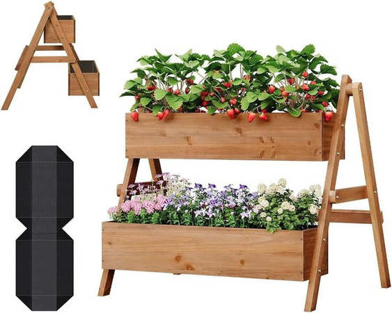 WOLTU Hochbeet aus Tannenholz mit 2 Blumenkästen als Blumentreppe in Braun