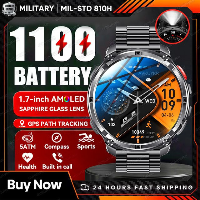 GUHUAVMI Smartwatch Militär-Design mit 1,7 Zoll AMOLED Display, GPS, Kompass und 5ATM Wasserdichtigkeit, Schwarz, 1100 mAh Akku - Bild 1