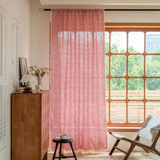 Rote karierte Vorhänge mit Fransen im Boho-Stil für Wohnzimmer, Schlafzimmer und Küche - Bild 1