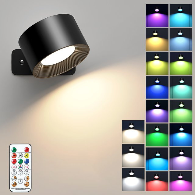 Dimmbare LED-Wandleuchte in Weiß mit 19 RGB-Farben, wiederaufladbare batteriebetriebene Rundleuchte mit Touch-Steuerung, Fernbedienung und 360 Grad Rundumbeleuchtung - Bild 1