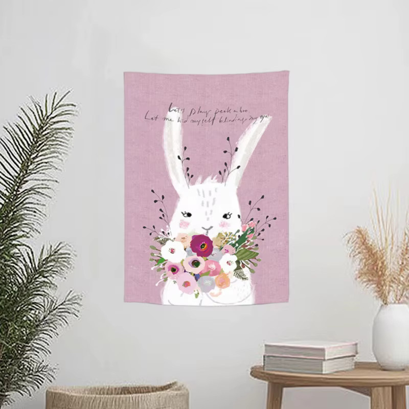 VIKAMA Wandteppich im Bohemian-Stil mit Frühlingslandschaft und Tieren in Pink, Rechteckig, B/H: 60 x 40 cm - Bild 1