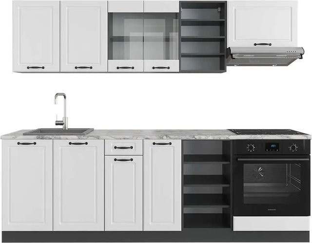 Vicco R-Line Küchenzeile Landhaus Weiß Strukturiert und Anthrazit mit Marmor-Optik, Breite: 240 cm - Bild 1