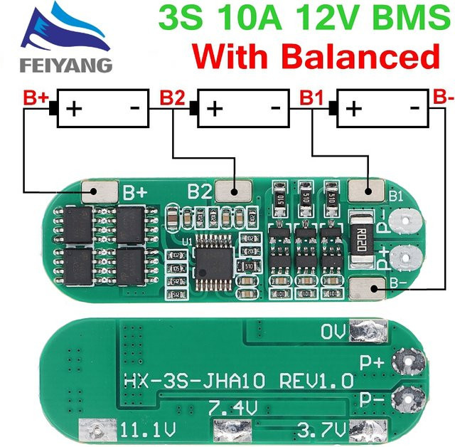 SAMIROB 3S 10A 12V Lithium-Batterie Ladegerät und BMS Schutzmodul für 3 Stück 18650 Li-Ion Zellen, 11,1 V bis 12,6 V, Grün - Bild 1