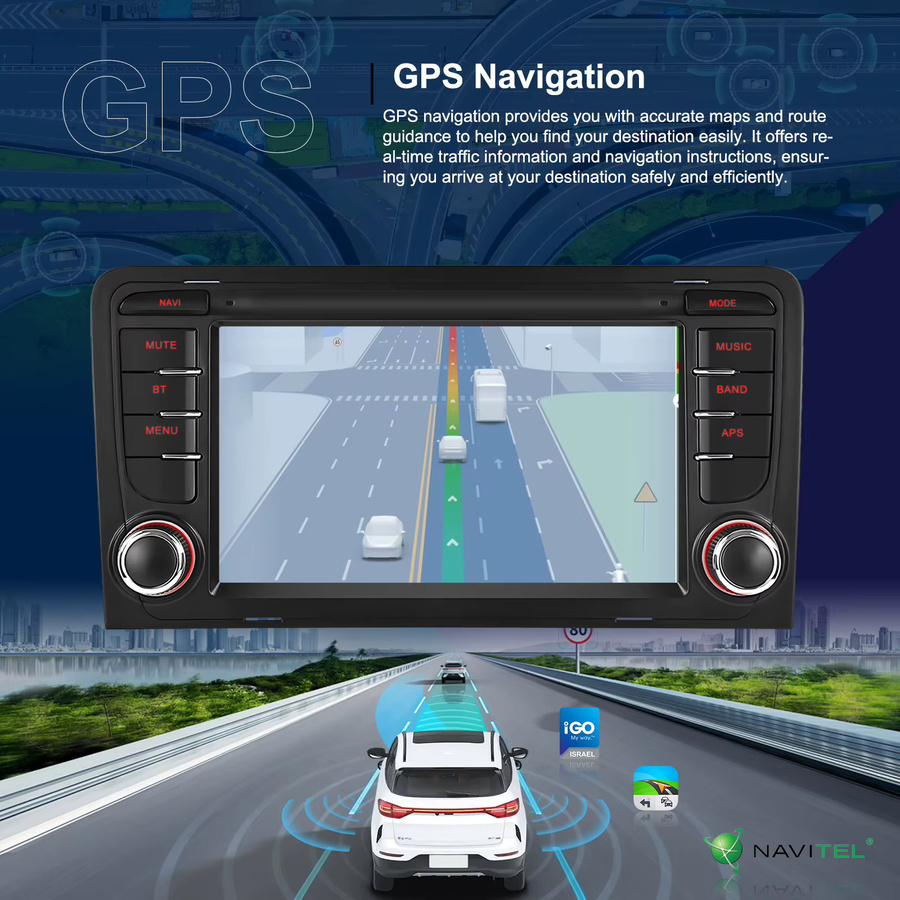 Podofo 2DIN Intelligentes Autosystem mit Carplay, Android Auto, Mirror Link, GPS und WLAN für Audi A3 8P 8P1 S3 RS3 Sportback in Schwarz - Bild 3