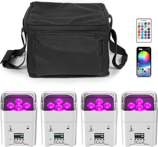 U'King 4er Set RGBWA+UV LED Par Licht mit Tasche, 6x18W DMX Bühnenlicht, kabelloses Farblicht mit wiederaufladbarem Akku, Farbe: Weiß - Bild 1