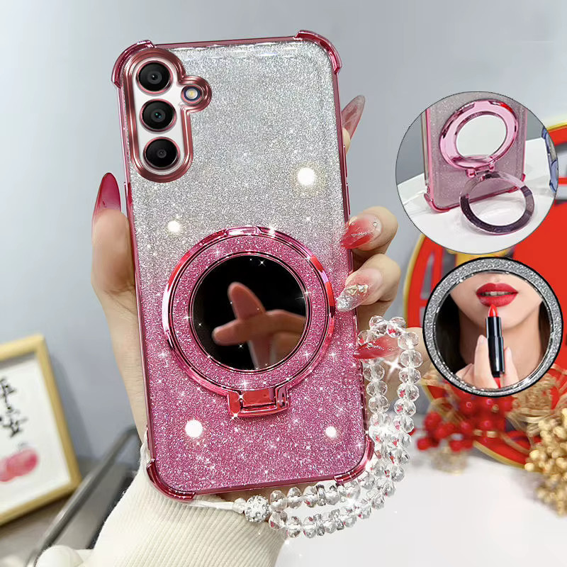 Stoßfeste Samsung Galaxy A16 Handyhülle mit Glitzer-Effekt, Spiegelständer und Perlenarmband in Pink - Bild 1