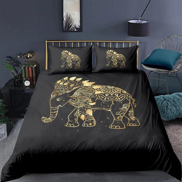 JMG Household Supplies Elefanten Bettwäscheset im Boho-Stil mit Ganesha-Motiv, Schwarz, B/H: 135 x 200 cm - Bild 1