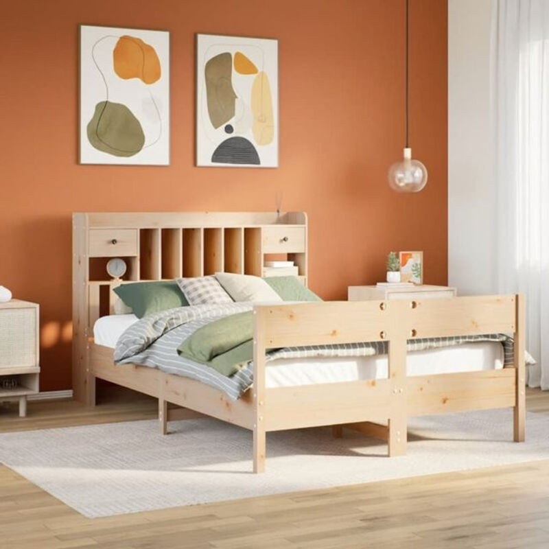 Massivholzbett Vidaxl aus Kiefer mit Regal in Braun und Natur, B/T/H: 140 x 190 x 110 cm - Bild 1