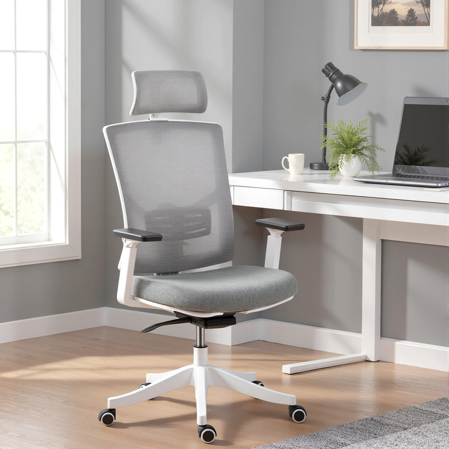HOMCOM Ergonomischer Bürostuhl in Grau mit 4D-Lendenstütze, 3D-Armlehnen, Kopfstütze und Wippfunktion - Bild 2