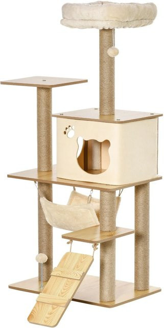 PawHut Kratzbaum für Katzen in Gelb mit Katzenhöhle, Jutestämmen und integrierten Spielbällen, B/T/H: 60 x 40 x 130 cm - Bild 1