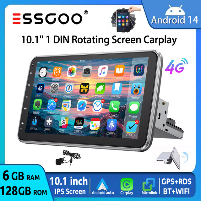 ESSGOO Universelles 1DIN Autoradio mit Android 14, 8-Kern Prozessor, 6+128G Speicher, 360° drehbarem Touchscreen, kabellosem CarPlay, Android Auto, GPS, 4G LTE, WiFi und Bluetooth in Schwarz - Bild 1